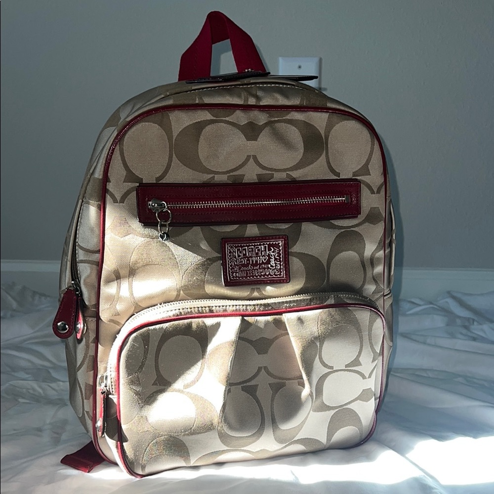 *USED* Coach Beige and Red Backpack VINTAGE with jaquard
